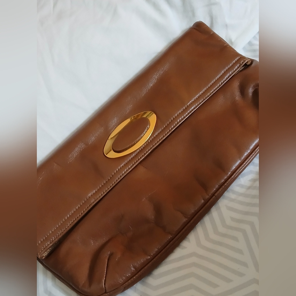 Made in USA Vintage Brown Leather Clutch Gold Oval Hardware